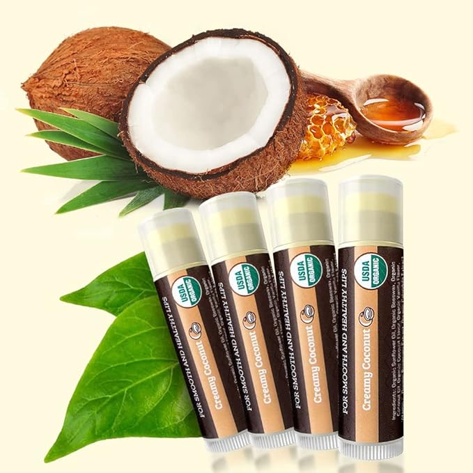 USDA Organic Lip Balm 4-Pack by Earth's Daughter - Creamy Coconut Flavor, Beeswax, Coconut Oil, Vitamin E - Best Lip Repair Chapstick for Dry Cracked Lips