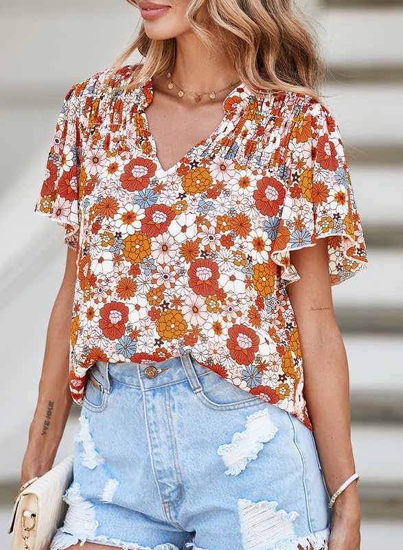 SHEWIN Women's Casual V Neck Floral Print Smocked Short Sleeve Chiffon Blouses Bohemian Top Shirts