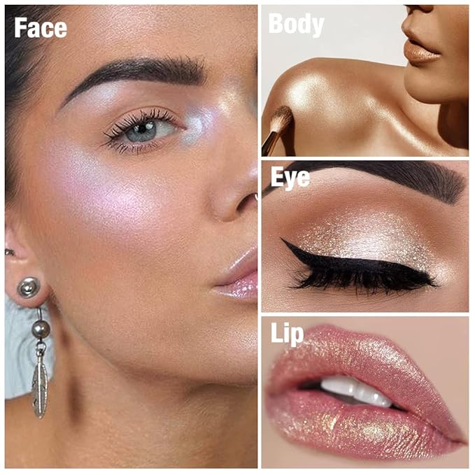 Cream Highlighter Makeup Palette, Glow Highlighters Makeup Powder, Suit for Cheeks, Body, Eyeshadow, Silver Light Pink Rose Gold Purple Champagne, Vegan, Talc Free (01)