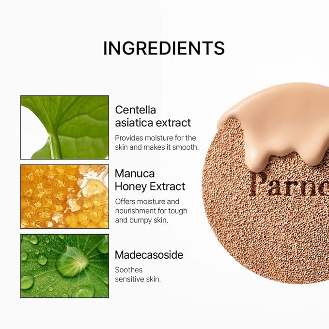 Parnell Cicamanu Serum Cushion - Moisturizing Foundation for Soothing, Coverage, Glass Skin and Lightweight for Sensitive and Dry Skin Pearl Skin (0.52 Fl Oz) (27N)