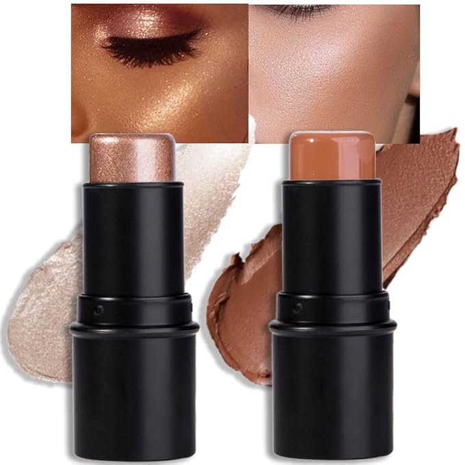evpct 2Pcs Cream Contour Foundation Stick for Neutral Skin Highlighter & Bronzer Pen Face Brightens & Shades Pencil Highlighting Shade Longwear Makeup Highlight Bronzer Shaping Trimming Stick, Medium