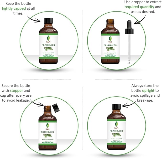 SVA Fir Needle Essential Oil – 4 Fl Oz – 100% Natural Fir Needle Oil - for Diffuser, Hair Care, Face, Skin Care, Aromatherapy, Scalp and Body Massage, Soap and Candle Making – with Dropper