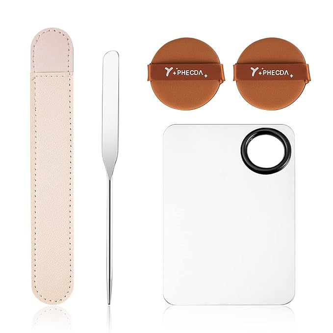 Professional Stainless Steel Makeup Palettes Makeup Spatula set, Makeup Spatula makeup palette Makeup Art Tool For Nail Art Eye Shadow Eyelash Makeup Pigment Blending, with Makeup Powder Puff 2pcs