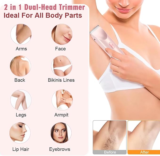 Dermave Bikini Shaver,2 in 1 Dual Head Bikini Trimmer & Body Shaver, Painless Hair Removal with Silky Glow Finish, Cordless & Waterproof Electric Trimmer for Women,Pink