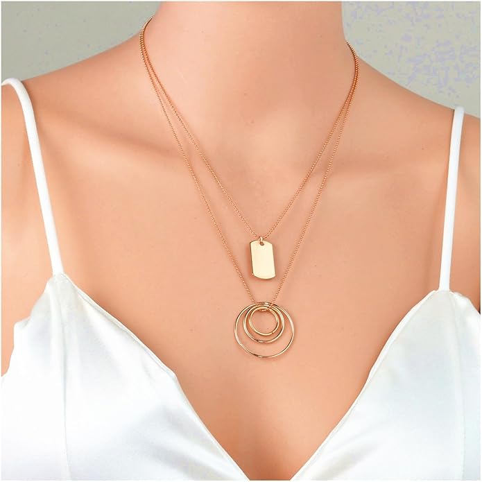 Vintage Layered Square Pendant Necklace Multi Circle Necklace Gold Square Choker Necklace Layer Circle Necklace Jewelry for Women
