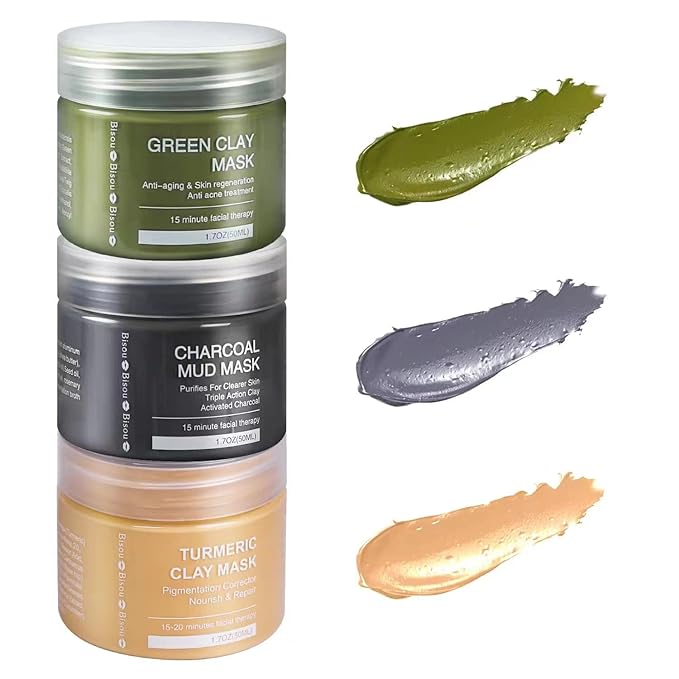Turmeric Clay, Dead Sea Mud & Charcoal Gel Face Mask Trio With Applicator, Deep cleansing Clay and Mask Applicator, Facial Therapy PH Balanced Hypo-allergenic (3 Sets Mud Mask)
