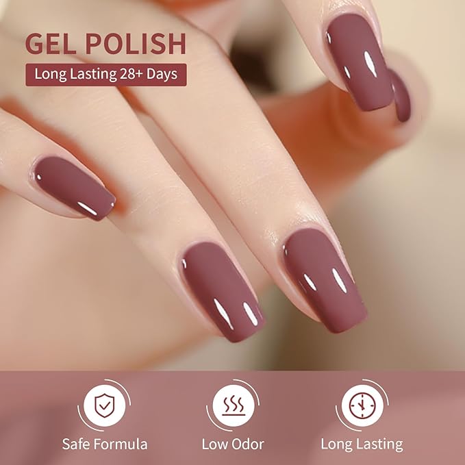 JODSONE 10ml Nude Pink Gel Nail Polish Set 6Colors Long Lasting Neutral Brown Red Purple Nail Polish Lacquer Glossy Art for Nail and Salon Need U V Lamp
