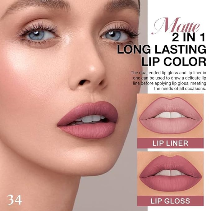 evpct 1Pcs Mauve Matte Lip Liner Stain Liquid Lipstick Makeup Set for Women, Mauve Lip Stick Liner Combo Long Lasting Waterproof, labiales matte mate larga duracion Long Wear 24 hours Lipstick, 34