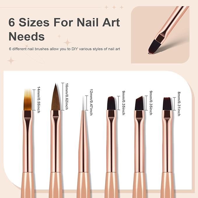 6Pcs Nail Art Brush Set - Nail Design Tool Including Nail Liner Brush, Ombre Brush, Nail Gel Polish Painting Brush Drawing Pen for Home Use and Professional Nail Salon