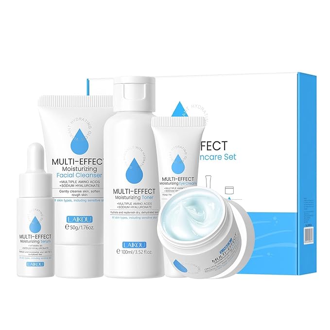 Generic Moisturizer Skin Care Set,5PCS Skincare Teen Girls Set,Long-Lasting Moisturizing Skincare SetWith Cleanser,Toner,Serum,Eye Cream,Cream，Strong moisturizing effect，For All Skin Types, Blue