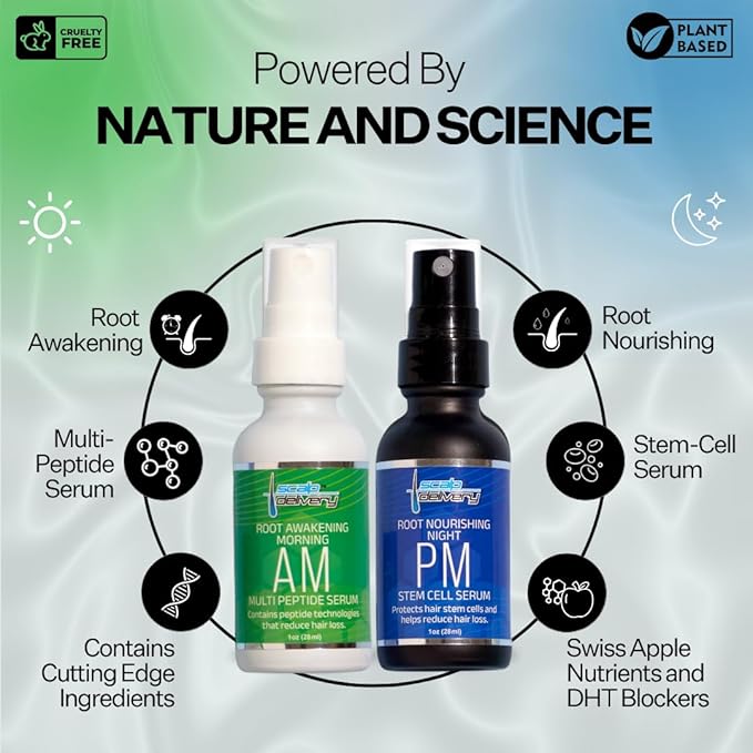 Peptide & Stem Cell Hair Growth Serum, AM & PM Bundle – Formula with Apple Stem Cells for Thicker, Stronger Hair – Stem Cell Scalp Serum for Hair Growth and Nourishment for Men & Women