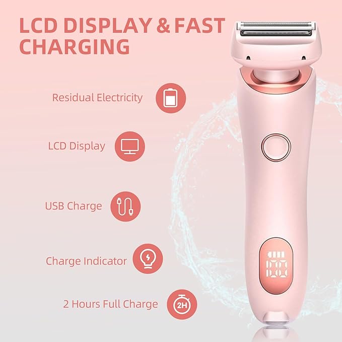 Womens Electric Shaver, 2 in 1 Razor for Women, Wet & Dry Electric Waterproof Razor with LED Display, Cordless Bikini Trimmer for Sensitive Skin, Painless Hair Removal