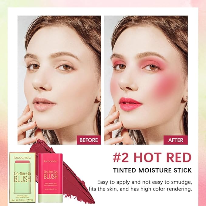 Multi-Use Makeup Blush Stick, Tinted Solid Moisturizer On-the-Go Blush, Multi-use Cream Blush Stick for Cheek & Eyes & Lips, Waterproof Natural Nude Makeup for All Skin (2# Hot Red)