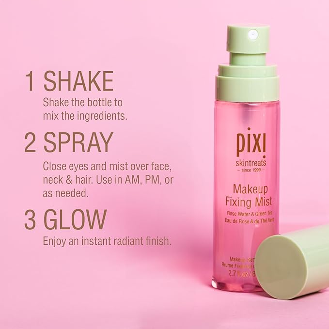 Pixi Beauty Makeup Fixing Mist 80ml, All Over Setting Spray For Longer Wearing Makeup, Rose Water and Green Tea Infused, 2.7 Fl Oz