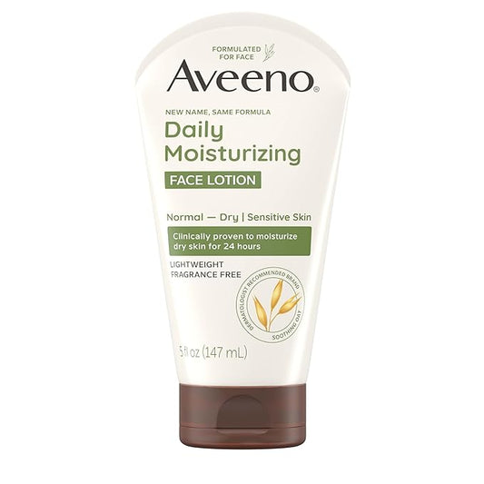 Aveeno Daily Moisturizing Face Lotion with Soothing Prebiotic Oat, Lightweight Non-Greasy Facial Moisturizer for Normal to Dry, Sensitive Skin, 24-Hour Moisture, Fragrance-Free, 5 oz