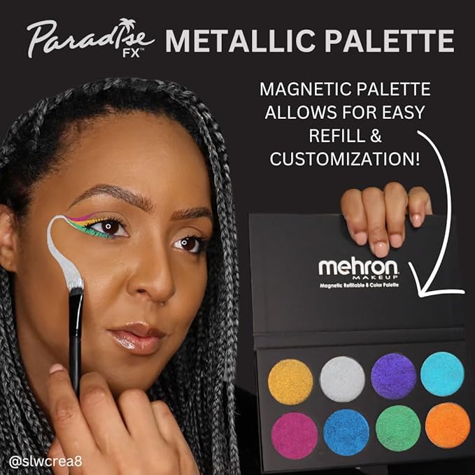 Mehron Makeup Paradise Makeup AQ 8 Color Metallic Palette | Magnetic Refillable Body Paint & Face Paint Palette | Professional Water Activated Makeup for Costumes, SFX, Halloween, & Cosplay