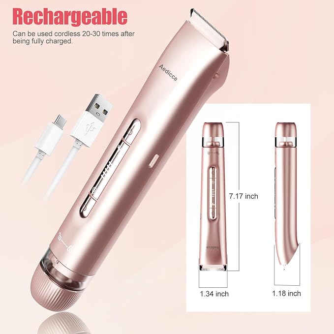 Bikini Trimmer for Women 2 in 1, Dual Head Womens Electric Shaver, Electric Razors for Pubic Hair, IPX7 Waterproof Rechargeable Facial Hair Removal for Shaving Underarm Leg Arm Body Face, Rose Gold
