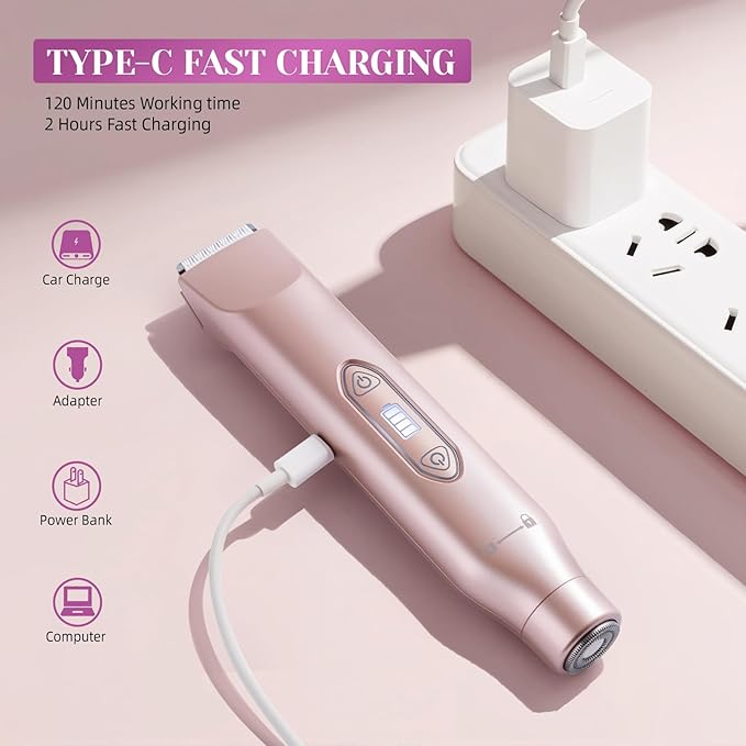 Bikini Trimmer for Women，3 in 1 Electric Razor with Ceramic Blades, IPX7 Waterproof, USB Rechargeable, Painless Hair Removal for Face，Body，Bikini Area, Travel Grooming Kit (Rose Gold)