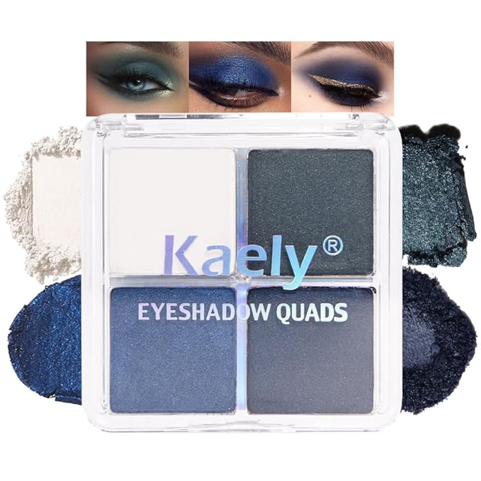Kaely Powder Eyeshadow Quad, Blue Green Glitter Shimmer Eyeshadow Palette Makeup, Neutral Eye Shadow Palette for Older Women Pigmented Waterproof, sombras para ojos, Blendable, Cruelty-free, 08