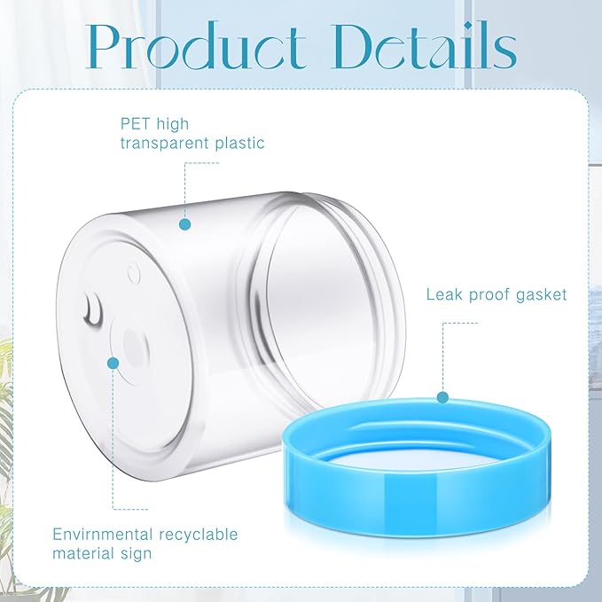 SATINIOR 24 Pieces Empty Clear Plastic Jars with Lids Round Storage Containers Wide Mouth for Beauty Product Cosmetic Cream Lotion Liquid Butter Craft and Food(Blue Lid,2 oz)