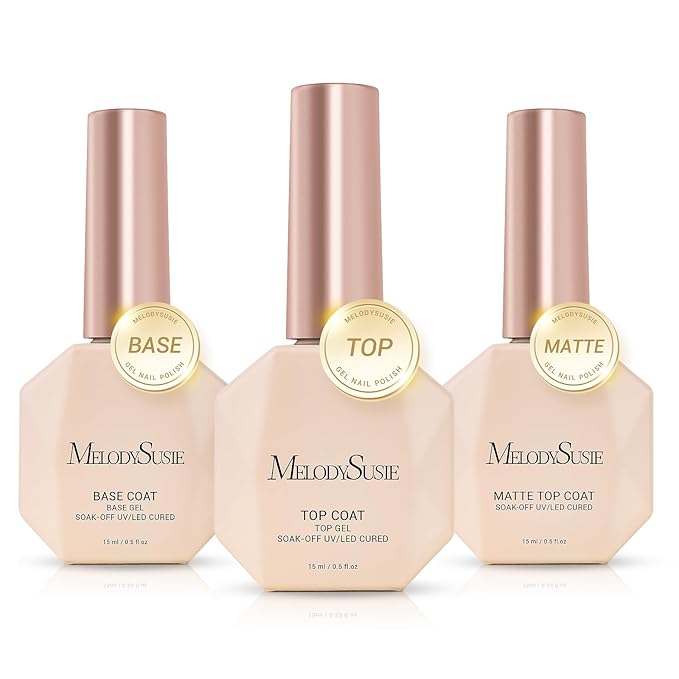 MelodySusie No Wipe Glossy Top Coat Base Coat Matte Top Coat Set Long Lasting Shine Finish Soak Off UV LED Nail Lamp Nail Art Design Manicure Kit Perfect Gifts for Women Girls 3 Pcs 15ml Clear