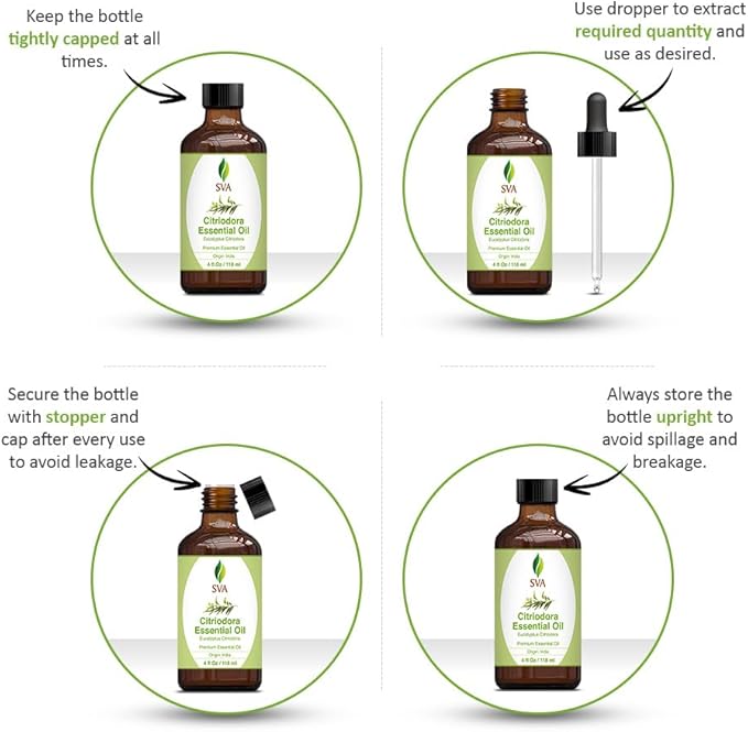 SVA Lemon Eucalyptus Essential Oil – 4 Fl Oz – 100% Natural Citriodora Oil - for Diffuser, Hair Care, Face, Skin Care, Aromatherapy, Scalp and Body Massage, Soap and Candle Making – with Dropper