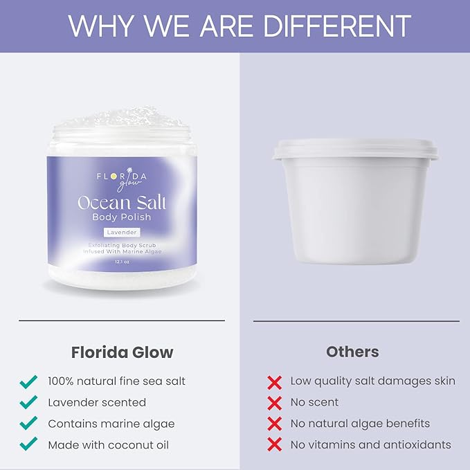 Sea Salt Body Scrub by Florida Glow - Ocean Salt Body Polish Infused with Marine Algae - Exfoliating Face and Body Scrub - to Tackle Acne and Scars for Smooth Soft Skin (Lavender, 12.1 oz)