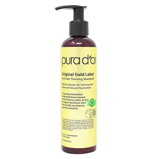 PURA D'OR 8 Oz Original Gold Label Anti-Thinning Biotin Shampoo Natural Earthy Scent, CLINICALLY TESTED Effective Results, Herbal Blend Hair Thickening Products, Women & Men, Color Treated Hair