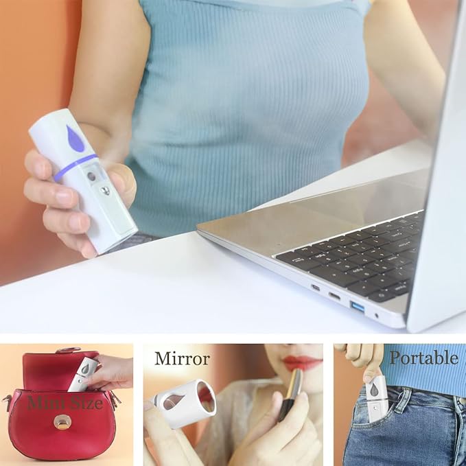 Nano Facial Mister Portable Mist Sprayer with Mirror Mini Cool Mist Spray for Skin Care & Facial Body Moisturized & Eyelash Extensions, USB Rechargeable (White)