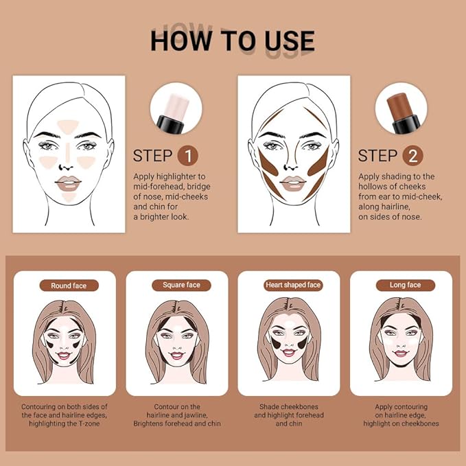 evpct 4 Colors Cream Contour Stick Makeup Kit Set Concealer Bronzer Stick Cream Contour Palette Contour Contouring Makeup Kit for Beginner Liquid Face Highlighter Makeup Stick contorno maquillaje 1+3