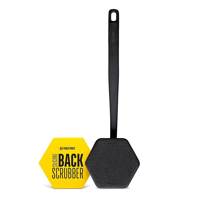 TOOLETRIES Silicone Back Scrubber - Exfoliating Shower Brush, Back Washer for Men, Durable Back Brush with Long Handle - Long Lasting Bath & Shower Accessories - Charcoal