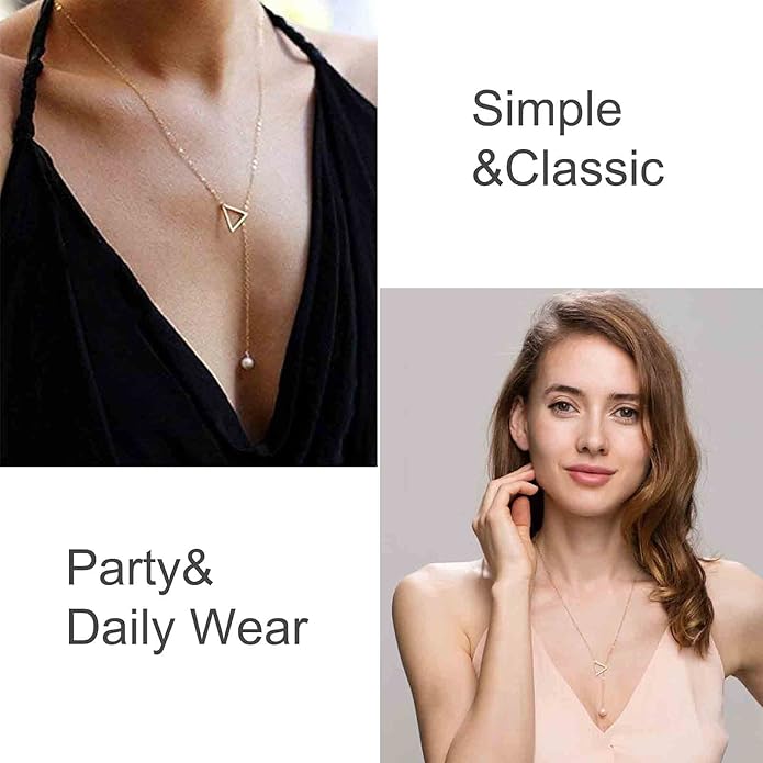 Boho Pearl Triangle Necklace Gold Y Pearl Necklace Minimalist Y Lariat Necklace Geometry Chain Jewelry for Women and Girls