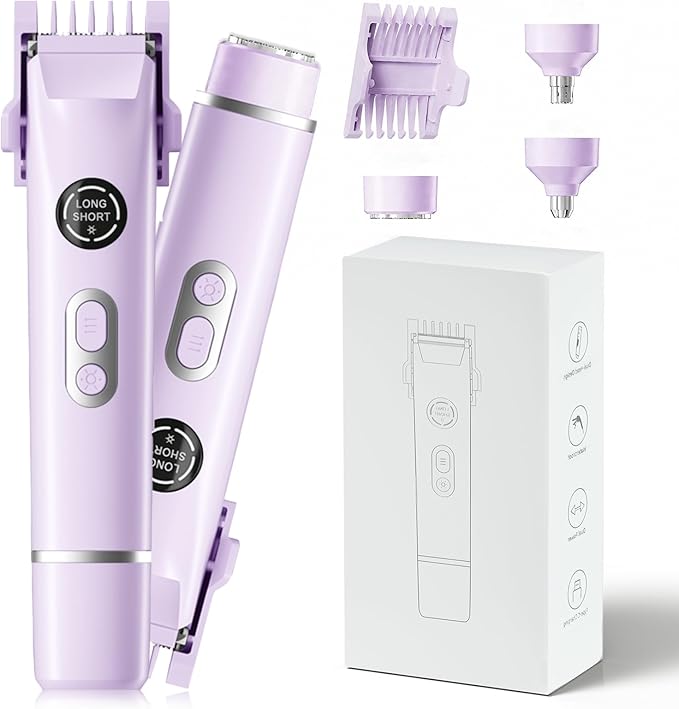 Bikini Trimmer for Women, 4 in 1 Wet/Dry Electric Razors for Women - Dual Head, Painless Rechargeable Portable Womens Razors for Shaving Set for Face, Nose, Eyebrows, Armpits, Bikini Area (Purple)
