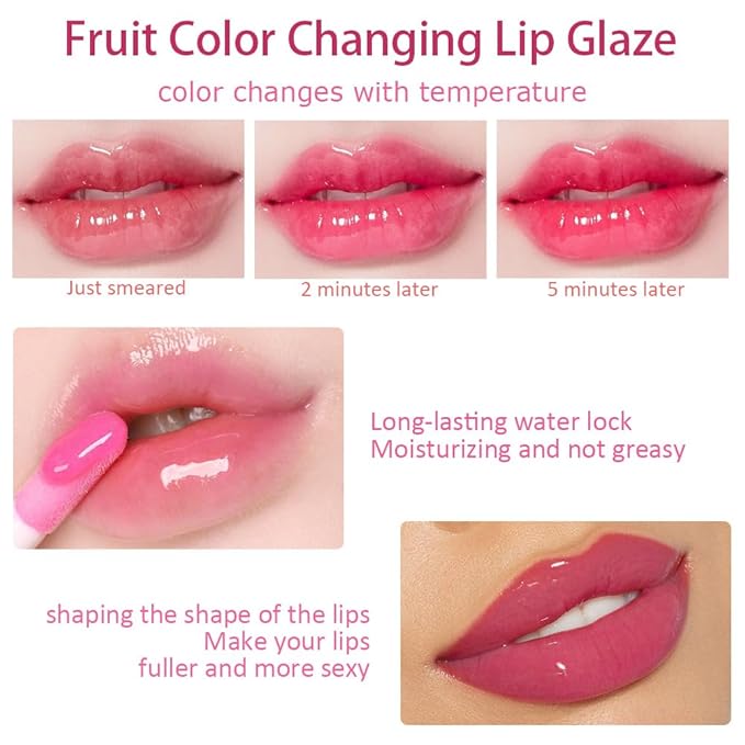 BINGBRUSH 3 Pcs Fruity Color Changing Lip Gloss for Girls, Pink Magic Mood Lip Oil Tinted, Temperature Color Change Lip Stain Lip Balm, Longlasting Lips Will Not Dry Out