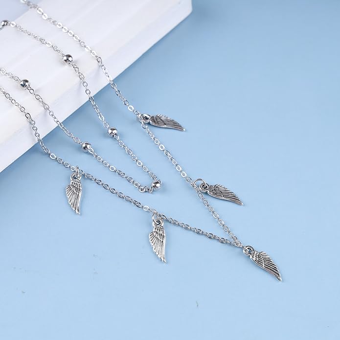 Vintage Layered Wing Dangle Necklace Angel Wing Pendant Necklace Tiny Wing Choker Necklace Silver Angel Wing Necklace Jewelry for Women