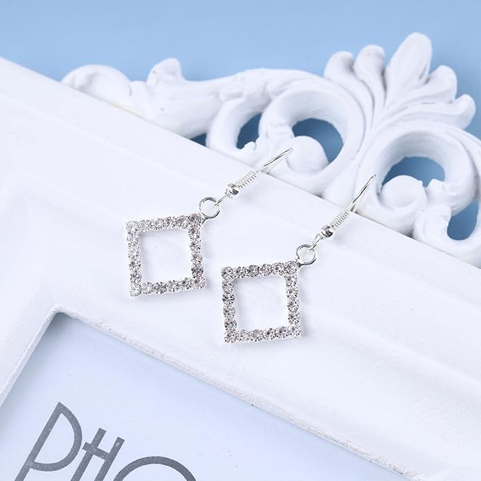 Vintage Crystal Square Drop Earrings Rhinestone Square Dangle Earrings Hollow Square Hook Earrings Silver Sparkly Cz Square Earrings Jewelry for Women