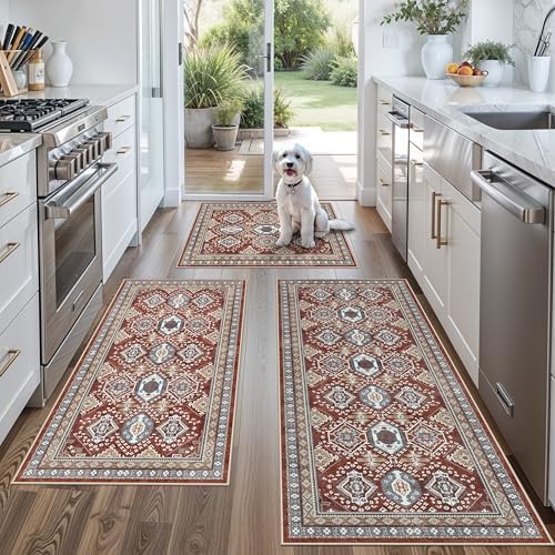 Washable Non-Slip Kitchen Rugs Set of 3 – Boho Soft Mats and Runner by BYYVOORugsforYourHome