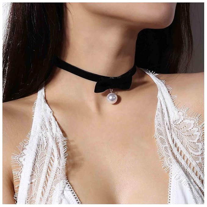 Vintage Satin Choker Necklace Pearl Pendant Necklace Black Bow Necklace Punk Leather Collar Necklace Chain Jewelry for Women and Girls