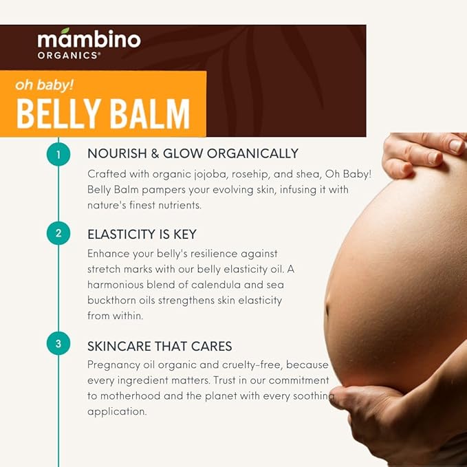 Mambino Organics Oh Baby! Belly Balm – Plant-Based with Egyptian Calendula, Vietnamese Tamanu & Dutch Shea – Pregnancy Balm for Stretch Marks – Vegan Cruelty-Free Maternity Care, 2.5 floz