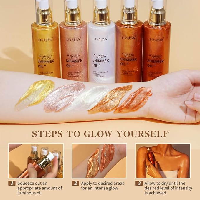 Liyalan Shimmer Body Oil 5 Color Gold 3.38 Fl Oz Face Glow Pearl Highlighter Illuminator Body Makeup Shine Glitter Gold Liquid Taning