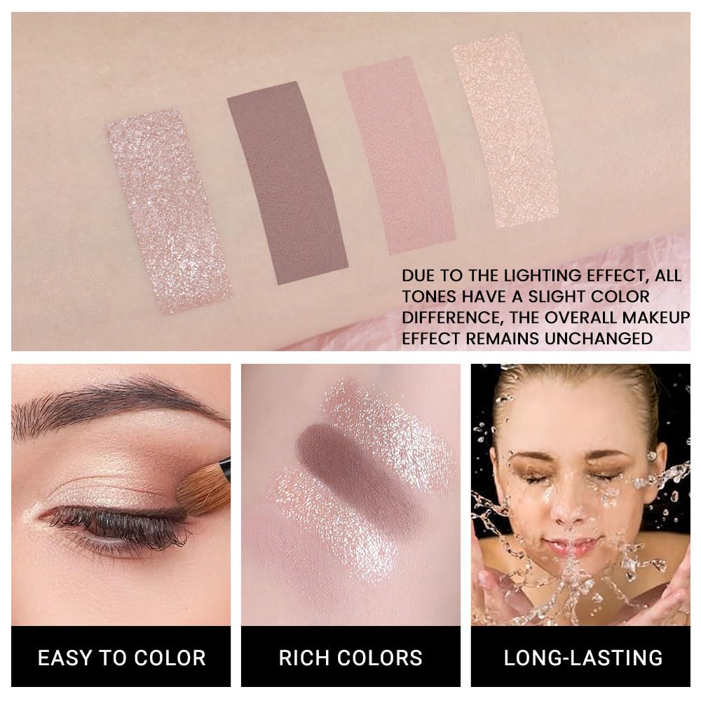 4 Colors Eyeshadow Makeup Palette,Champagne Nude Pink Dark Brown Natural Neutral Eye Shadow Palette with Mirror,Long Lasting Naturing-Looking,Waterproof