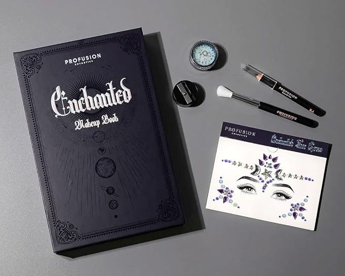 Profusion Cosmetics 5-pc Makeup Look Book, Long Lasting Eye Makeup for Women Eye Brightening Pressed Glitter with Eyeshadow Brush and Black Eyeliner, Easy To Clean and Convenient Makeup Sharpener