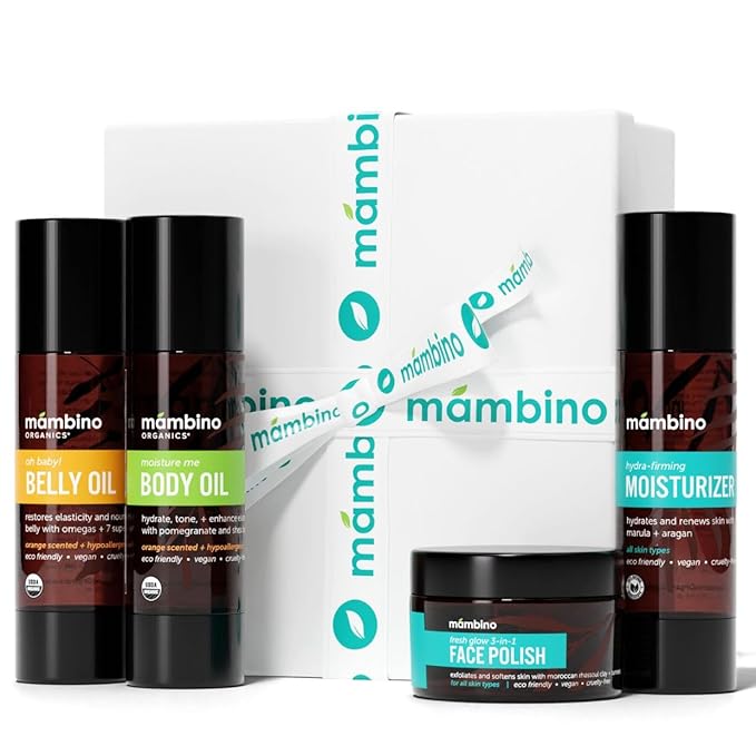 Second Trimester Set – All Natural Skincare Pregancy Gift Box – Anti-stretch mark Belly Oil, Moisturizing Body Oil, Face Polish, Face Moisturizer - Mambino Organics