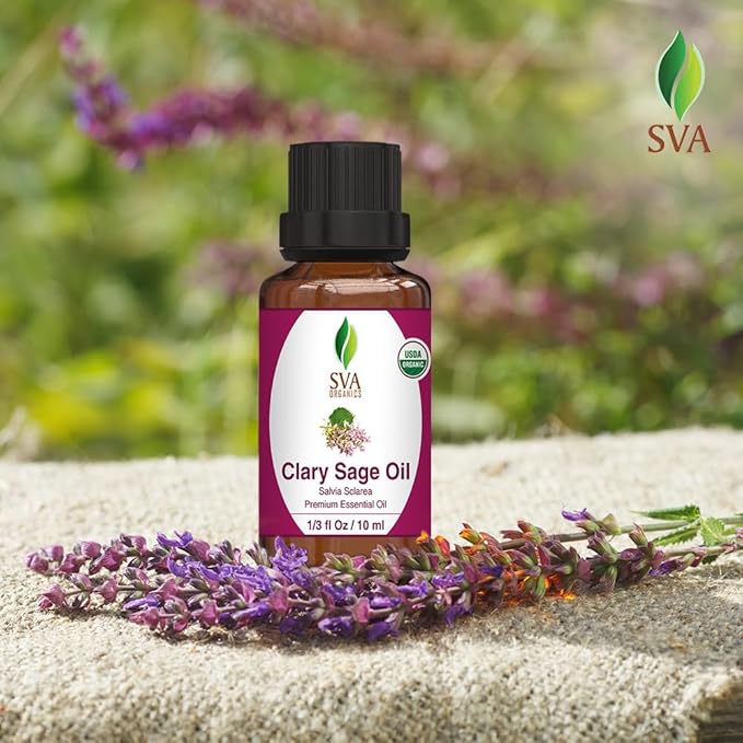 SVA Clary Sage Essential Oil Organic – 1/3 Fl Oz – 100% Natural Organic Clary Sage Oil - for Diffuser, Hair Care, Face, Skin Care, Aromatherapy, Scalp and Body Massage, Soap and Candle Making
