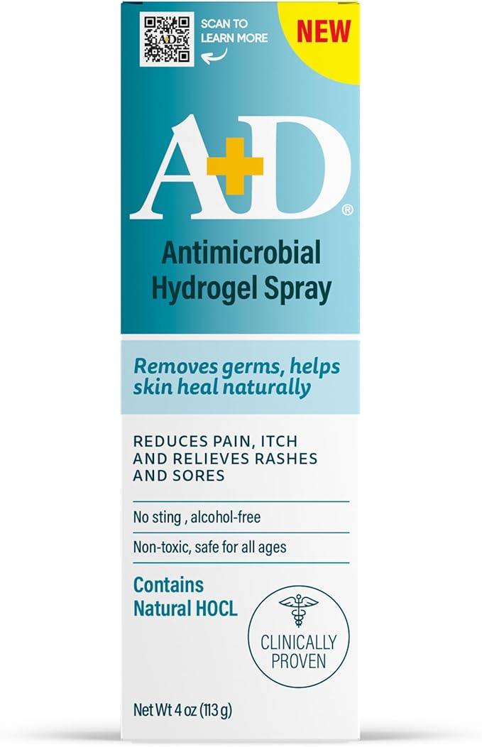A+D Antimicrobial Hydrogel Spray – with Hypochlorous Acid, Removes Germs, Helps Heal Rashes & Irritations, Reduces Itch & Pain, Alcohol-Free, Non-Sting Formula, Safe for All Ages, 4oz