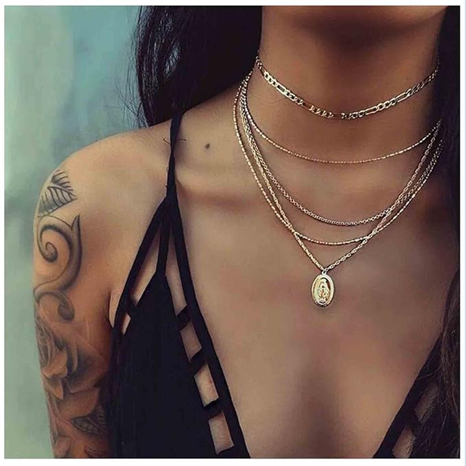Boho Layered Oval Coin Necklace Choker Gold Virgin Mary Necklace Figaro Chain Necklace Vintage Multilayer Necklace Chain Jewelry for Women and Girls