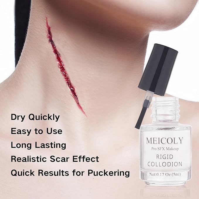 MEICOLY Rigid Collodion and Remover Kit,Scarring Liquid with Brush,Professional Scar Makeup for Halloween SFX Cosplay,Liquid Scar Fake Scar Makeup for Theater Stage Performance,Collodion Scar Liquid