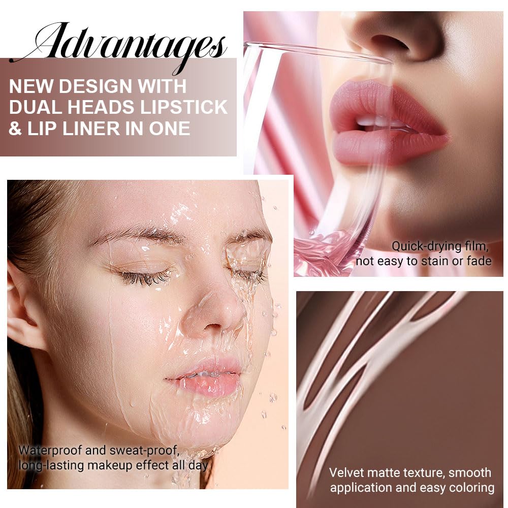 evpct 1Pcs Nude Brown Matte Lip Liner and Liquid Lipstick Stain Makeup Set for women, Brown Long Lasting Smudge Proof Lipstick labiales matte mate larga duracion listip 24 hours originales, 25#