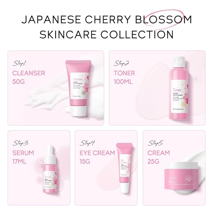 Greyghost Skin Care Set for Teenage Girls Women, 5 Pcs Cherry Blossom Skincare Set - Cleanser, Toner, Serum, Eye cream, Cream, Gentle Skin Cleaning & Care Gift Set, Travel Size Skin Care Set