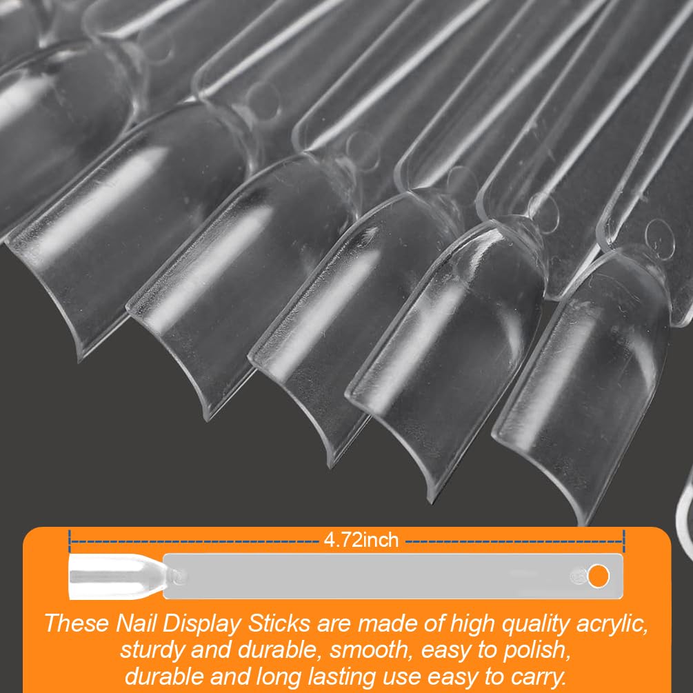 JASSINS 100 Pcs Clear Fan-shaped False Nail Swatch Sticks Nail Polish Practice Display Art Tips Nail Sample Sticks With Metal Split Ring